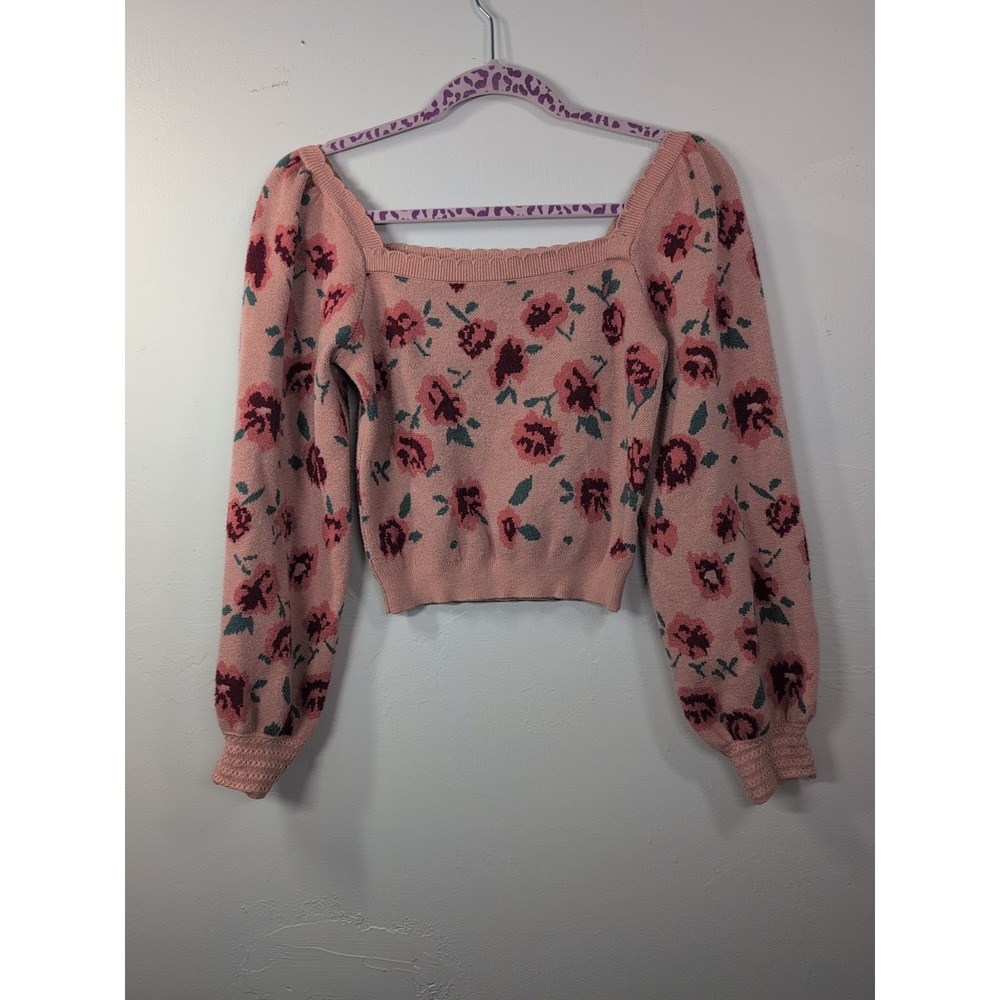 Willow & Wind Women's Floral Rose Sweater Cropped Puff Sleeve Medium Scalloped